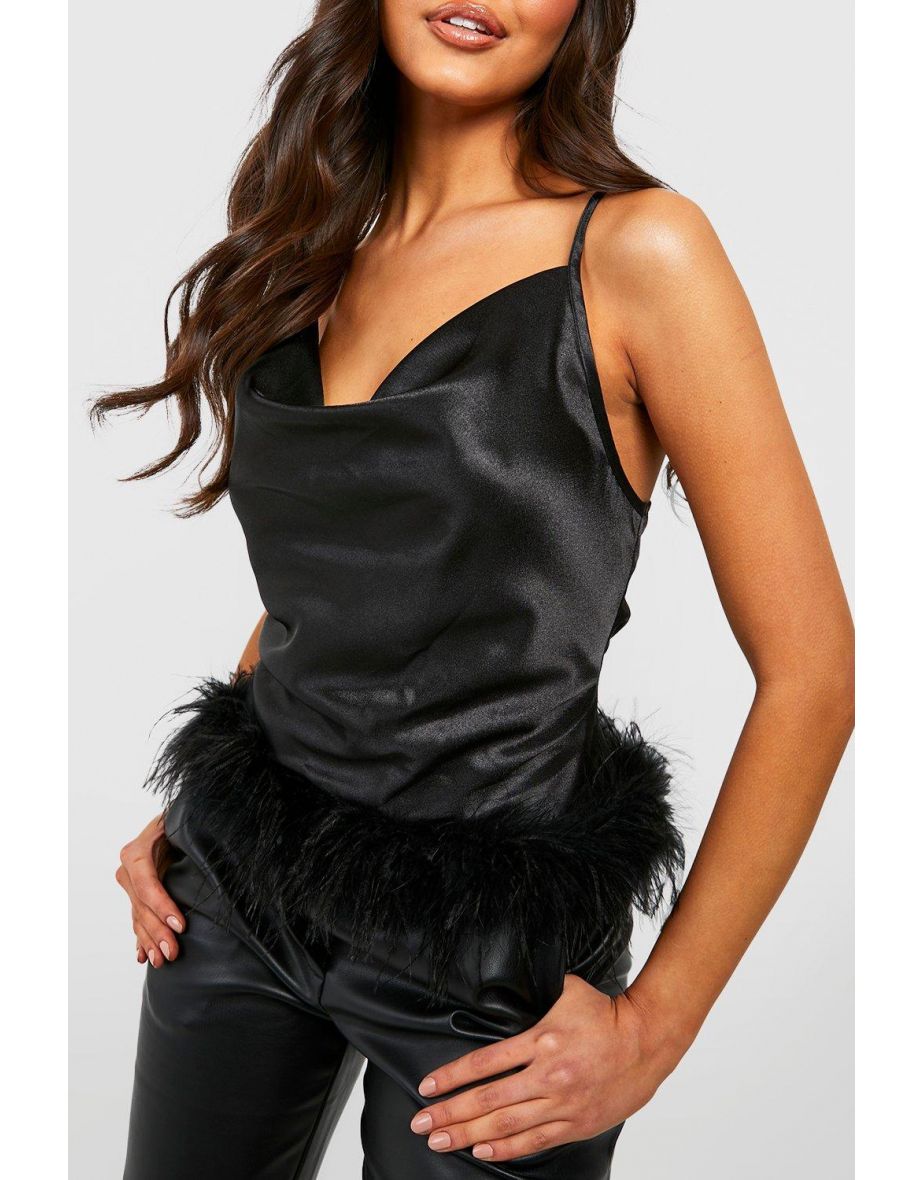 Satin Cowl Front Feather Hem Top - black - 3