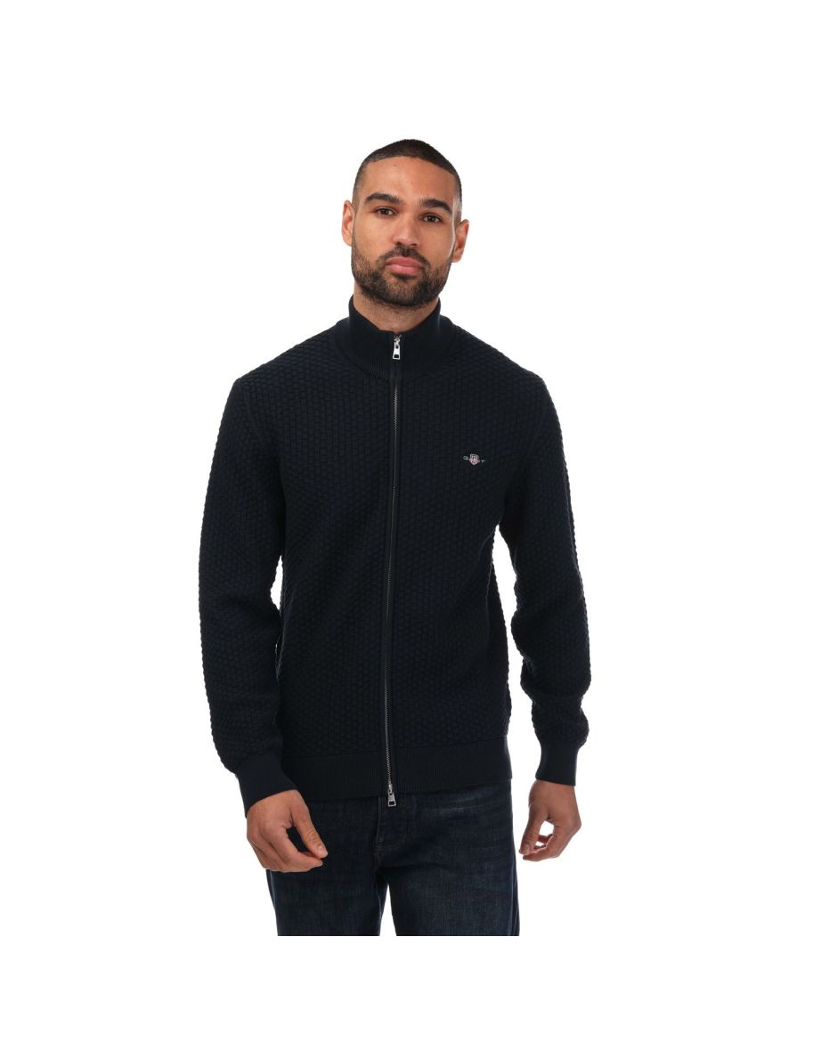 Men's Gant Textured Cotton Zipped Cardigan in Blue