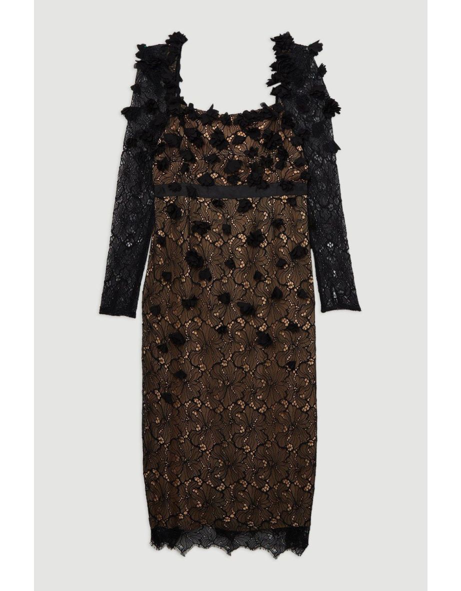 Plus Size Lace Petal Applique Woven Midi Dress - 3
