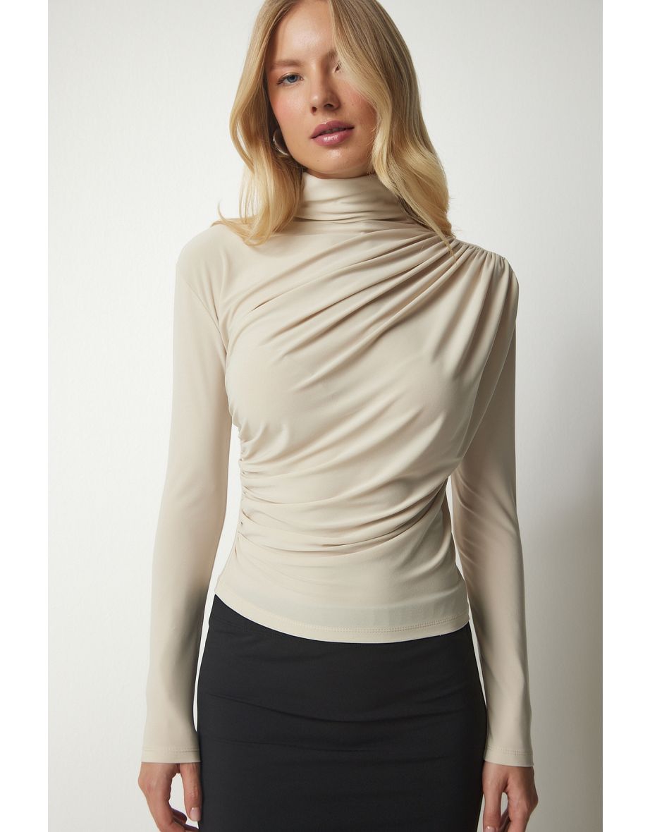 Women's Cream Shirring Detail Standing Collar Sandy Blouse