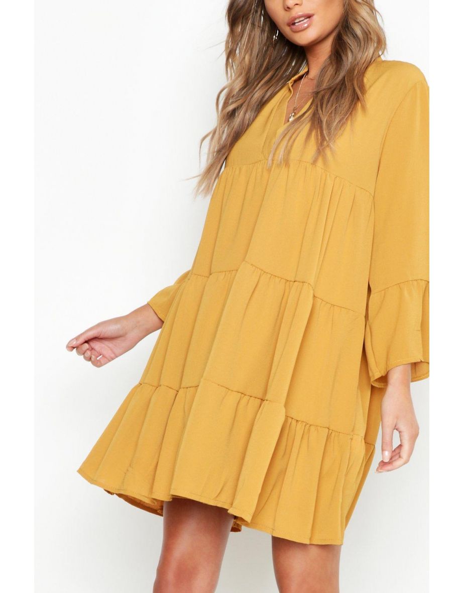 Woven Tiered Shirt Dress - mustard - 3