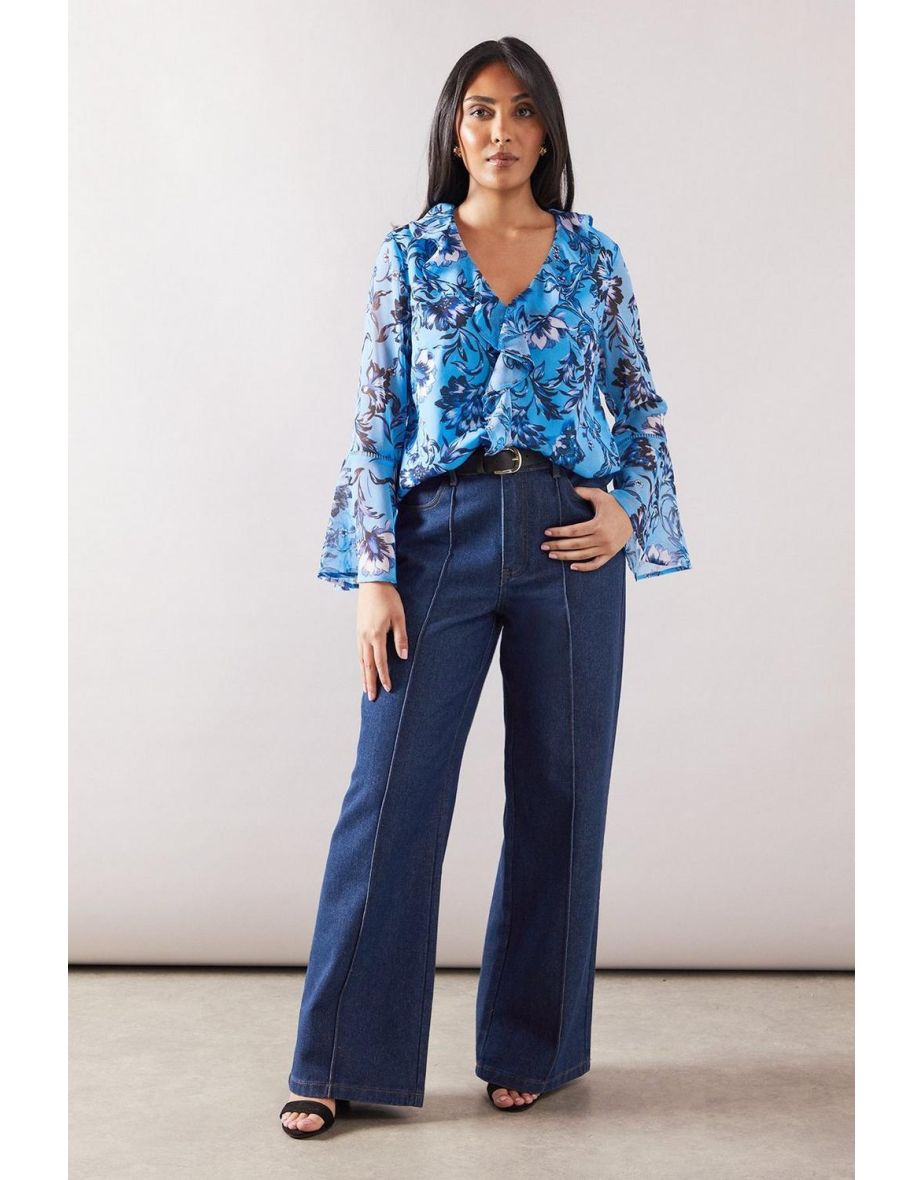 Petite Floral Lace Trim Ruffle Blouse