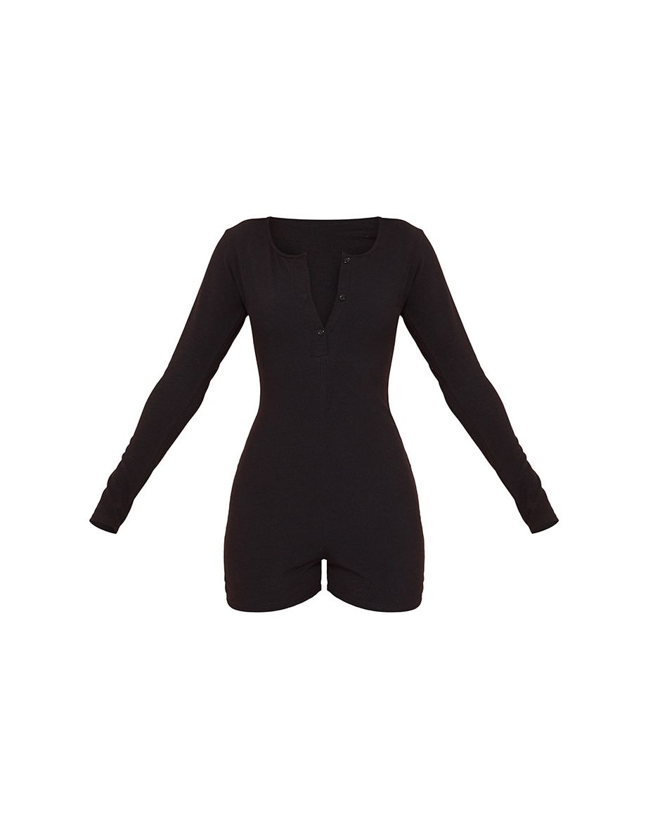 Black Soft Rib Long Sleeve Button Romper - 4