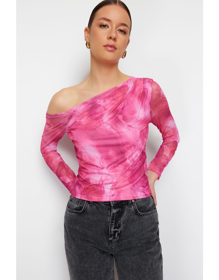 Pink*001 Patterned Tulle Lined Asymmetric Collar Knitted Blouse