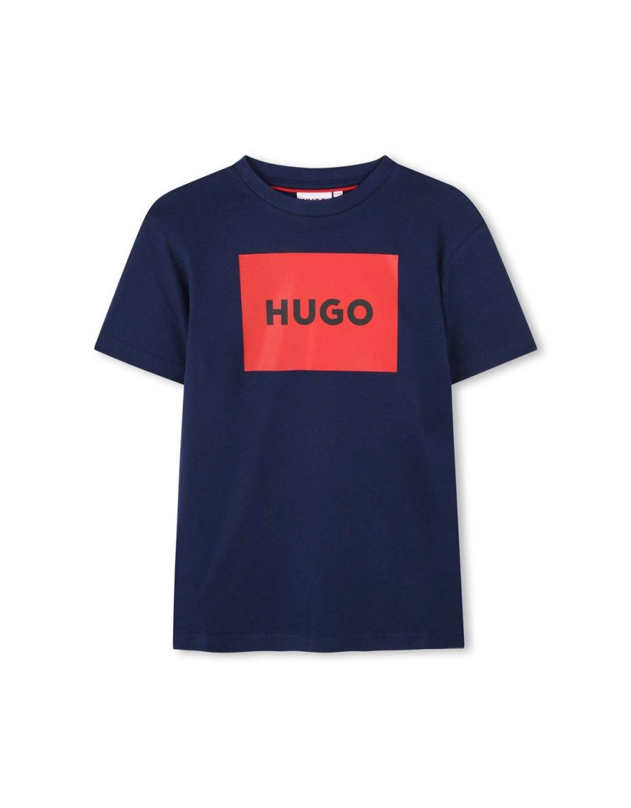 Hugo Boys Large Box Logo Short Sleeve T-shirt Medieval Blue - navy