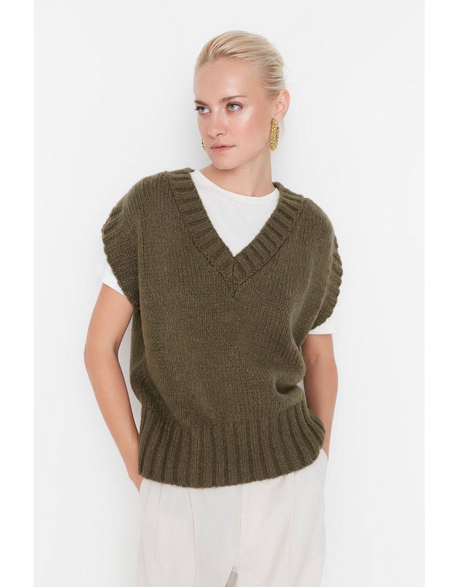 Khaki Crop Soft Textured Color Block Knitwear Sweater
