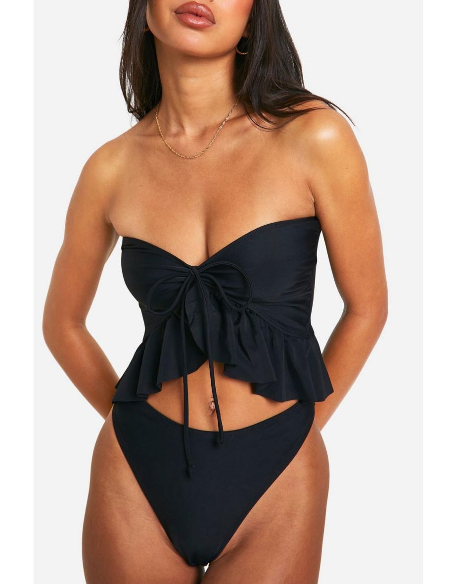 Frill Longline Bandeau Hipster Bikini Set - black - 3