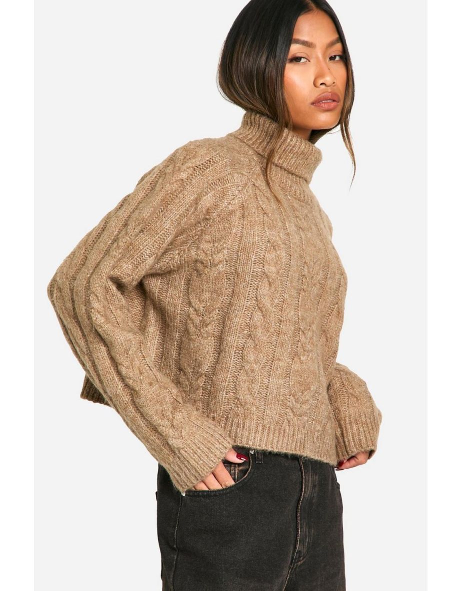 Cable Knit Roll Neck Jumper - camel