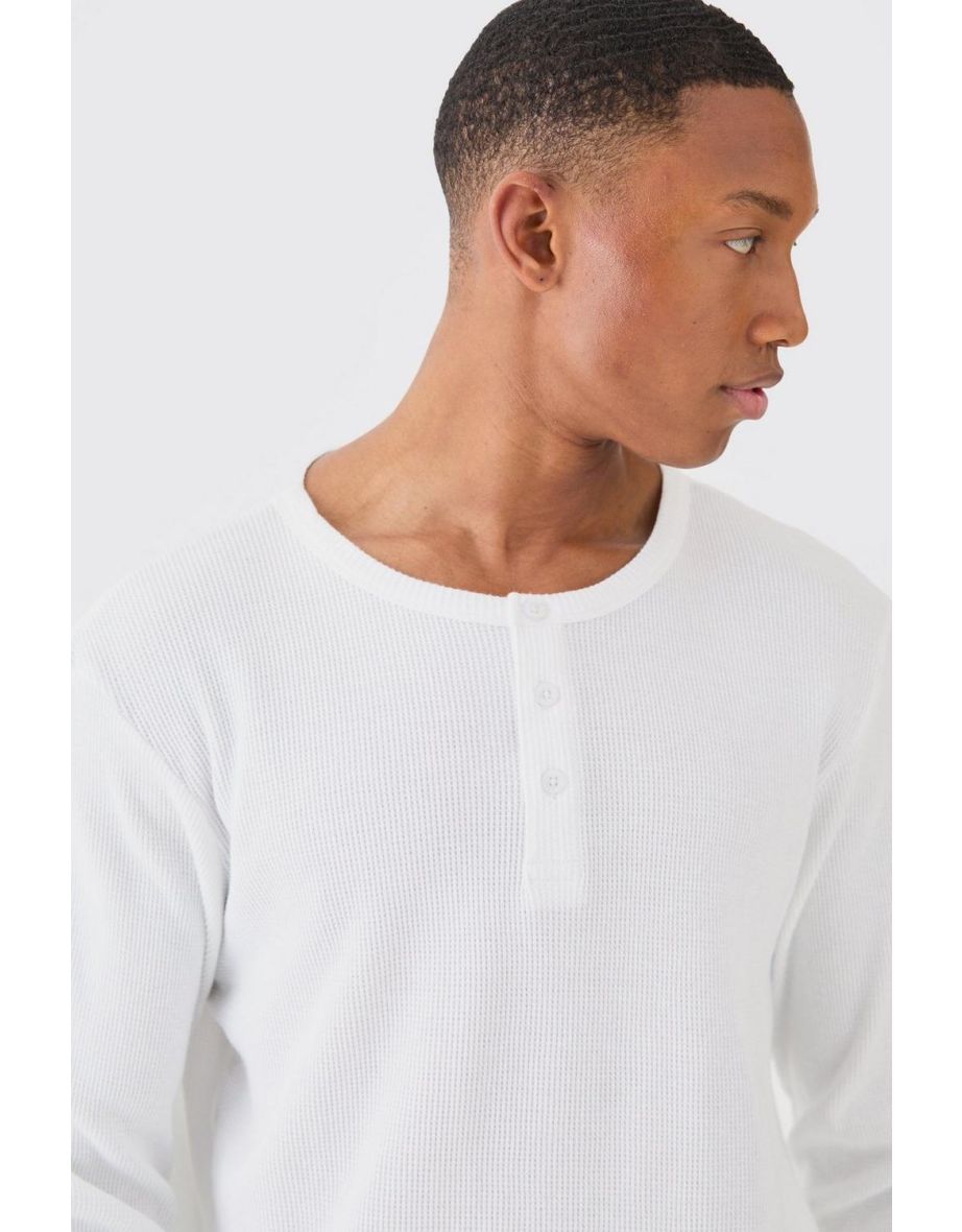 Waffle Button-up Long Sleeve Lounge Top In White - white - 2