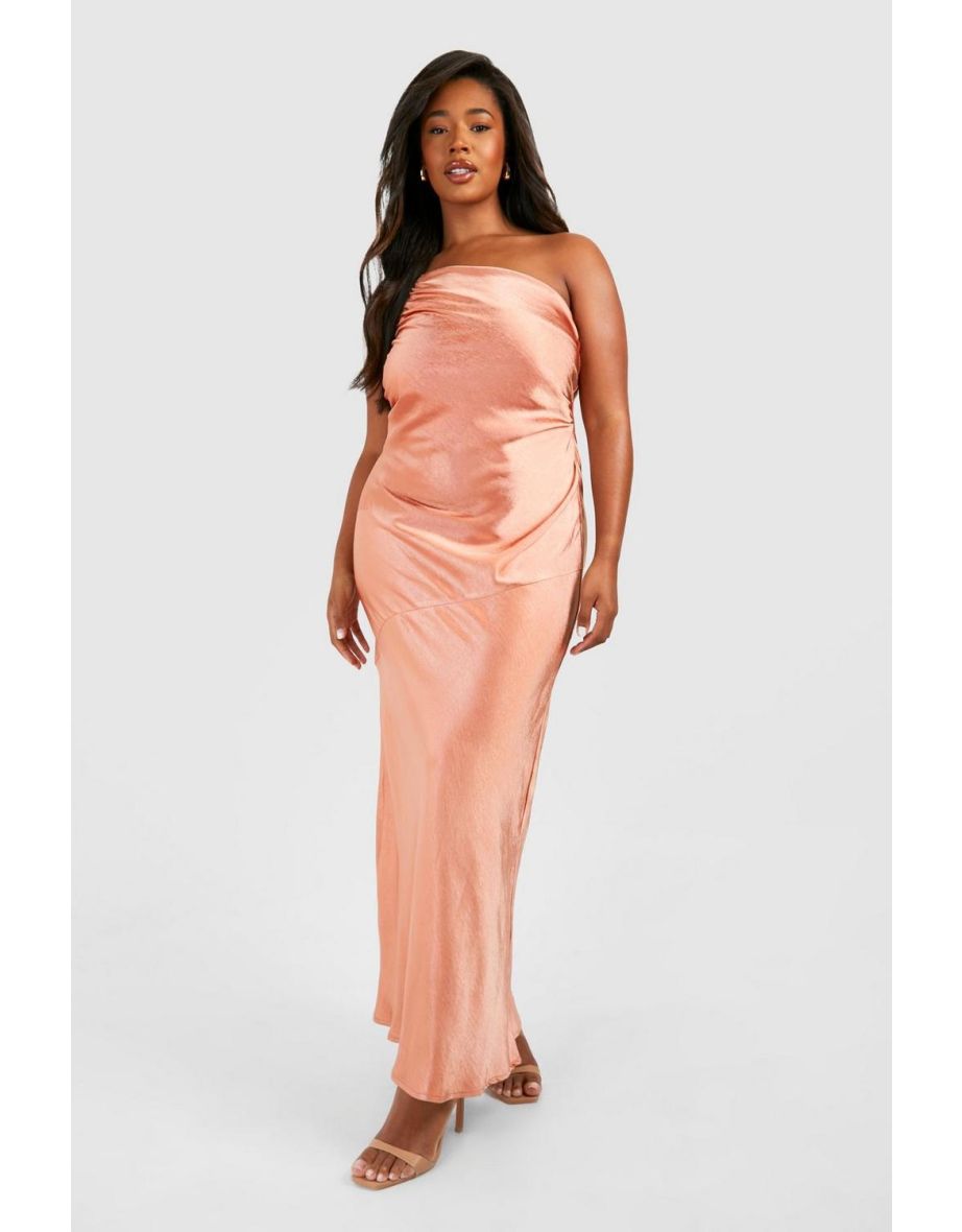 Plus Bridesmaid Satin Strappy Asymmetric Maxi Dress - copper