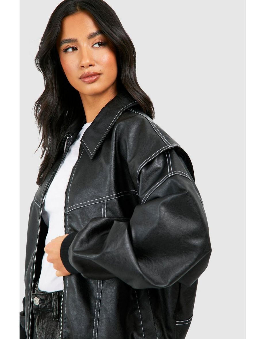 Petite Pu Contrast Stitch Oversized Bomber Jacket - black - 3