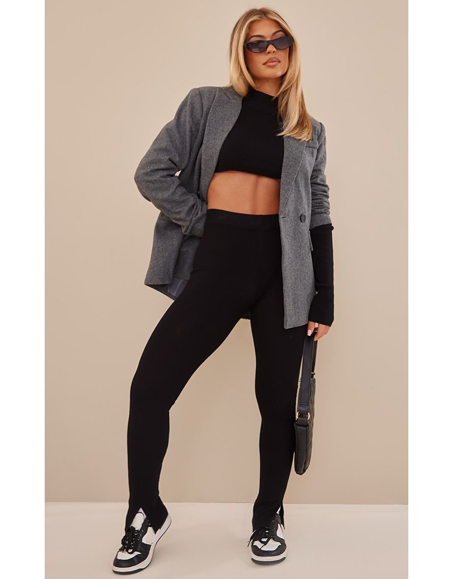 Black Knitted Split Hem Flare Trousers