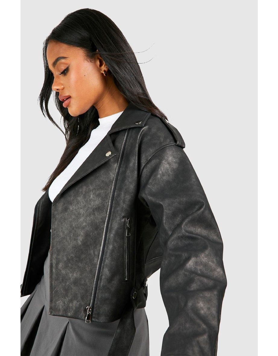 Vintage Look Faux Leather Biker Jacket - grey - 3