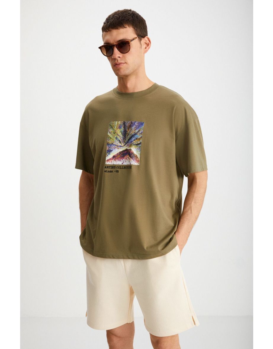 TRENTON Men's 100% Cotton Crew Neck Printed Khaki T-Shirt