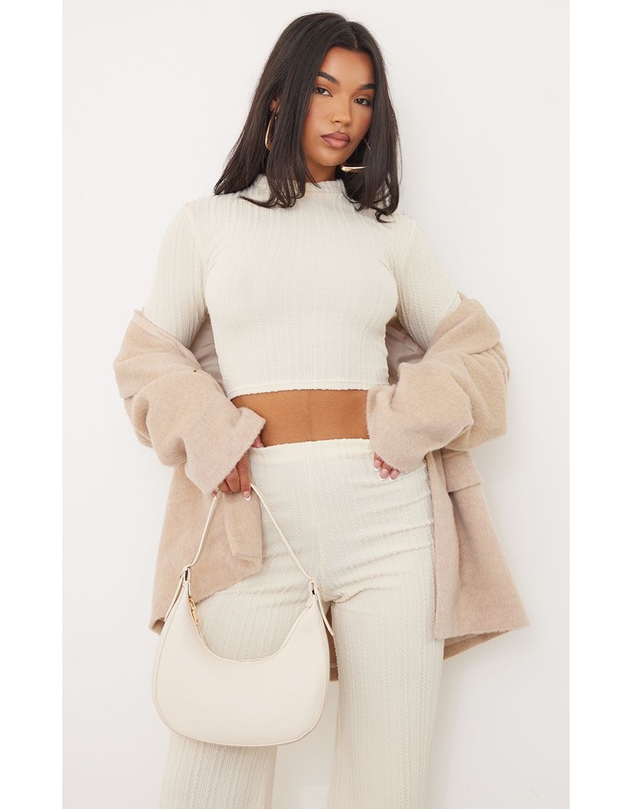 Cream Textured Ribbed High Neck Detail Crop Top