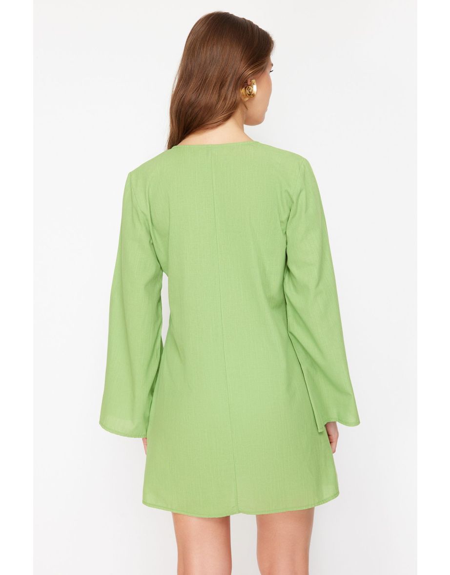 Green Mini 100% Cotton Beach Dress with Woven Accessories - 7
