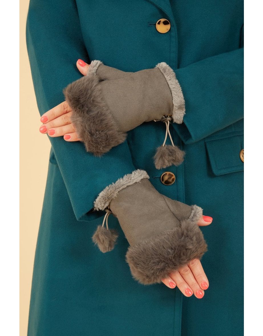 Grey Fur Fingerless Suede Mittens
