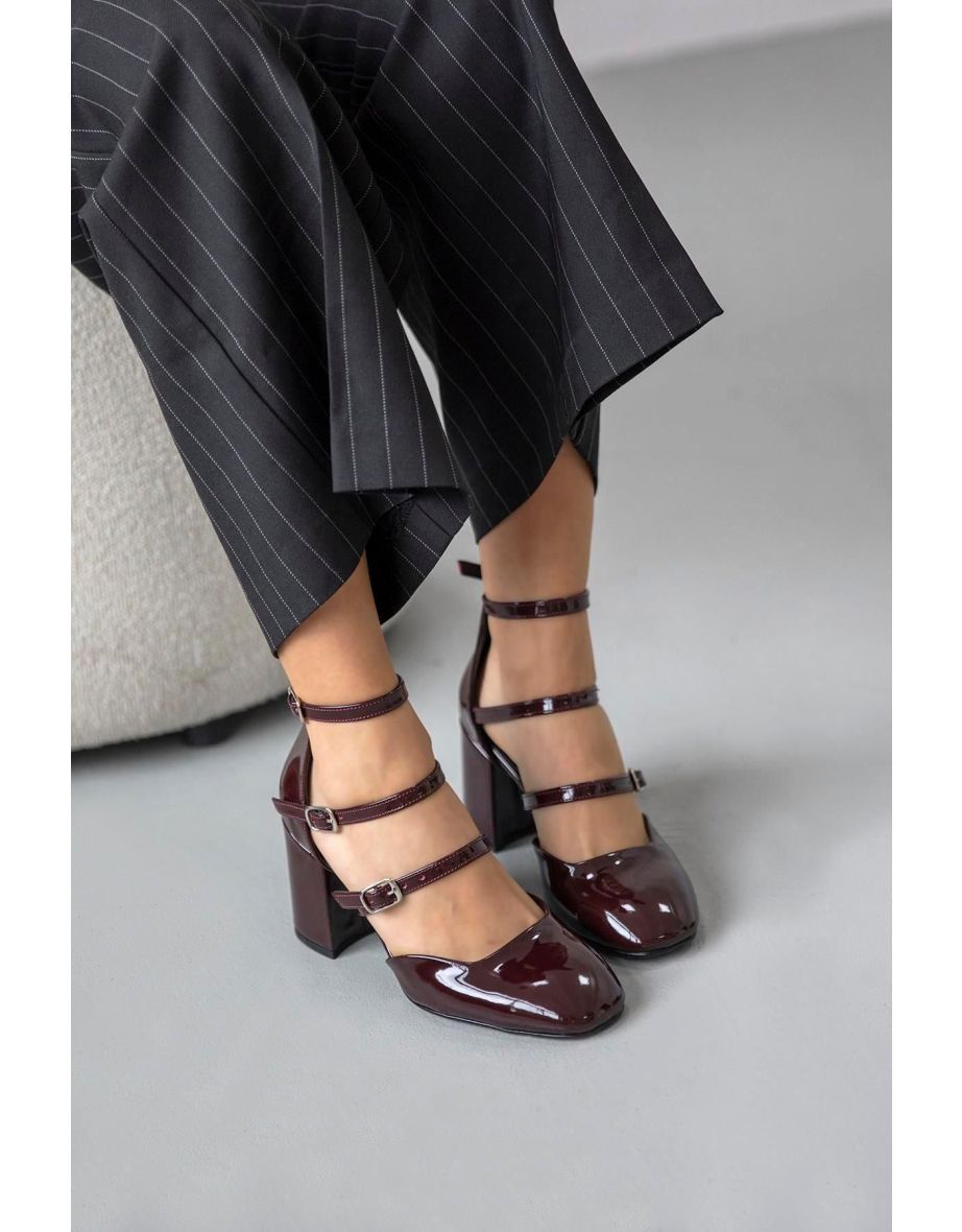 Franky Women's Heel Patent Leather Shoes Burgundy - 3