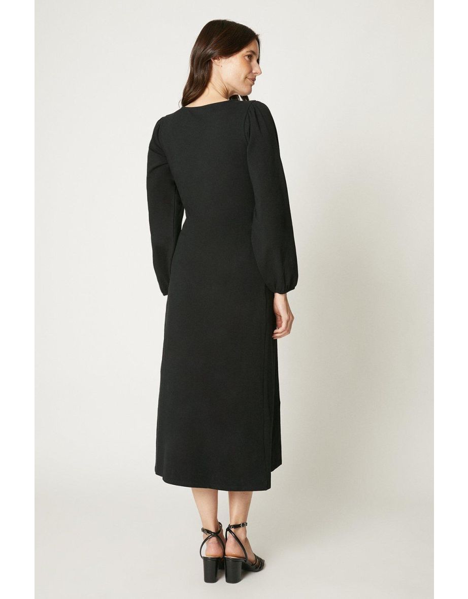 Plain V Neck 3/4 Sleeve Midi Dress - black - 2