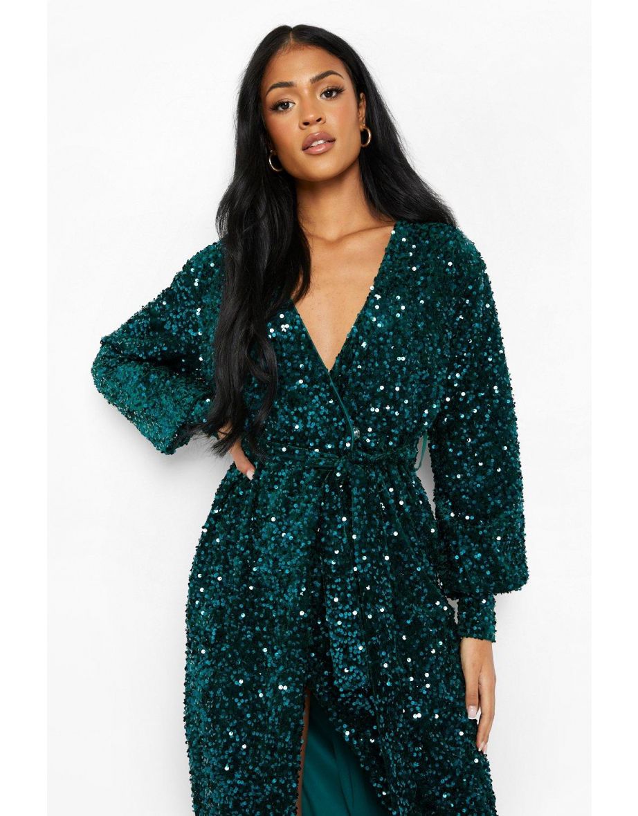 Tall Sequin Velvet Belted Midi Dress - emerald - 3