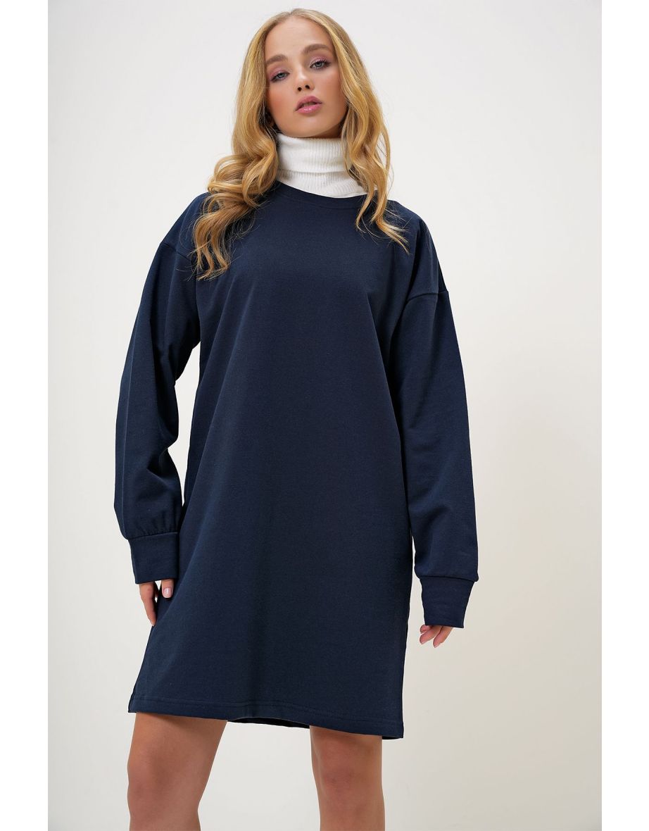 Women's Navy Blue Crew Neck Sweatshirt Dress