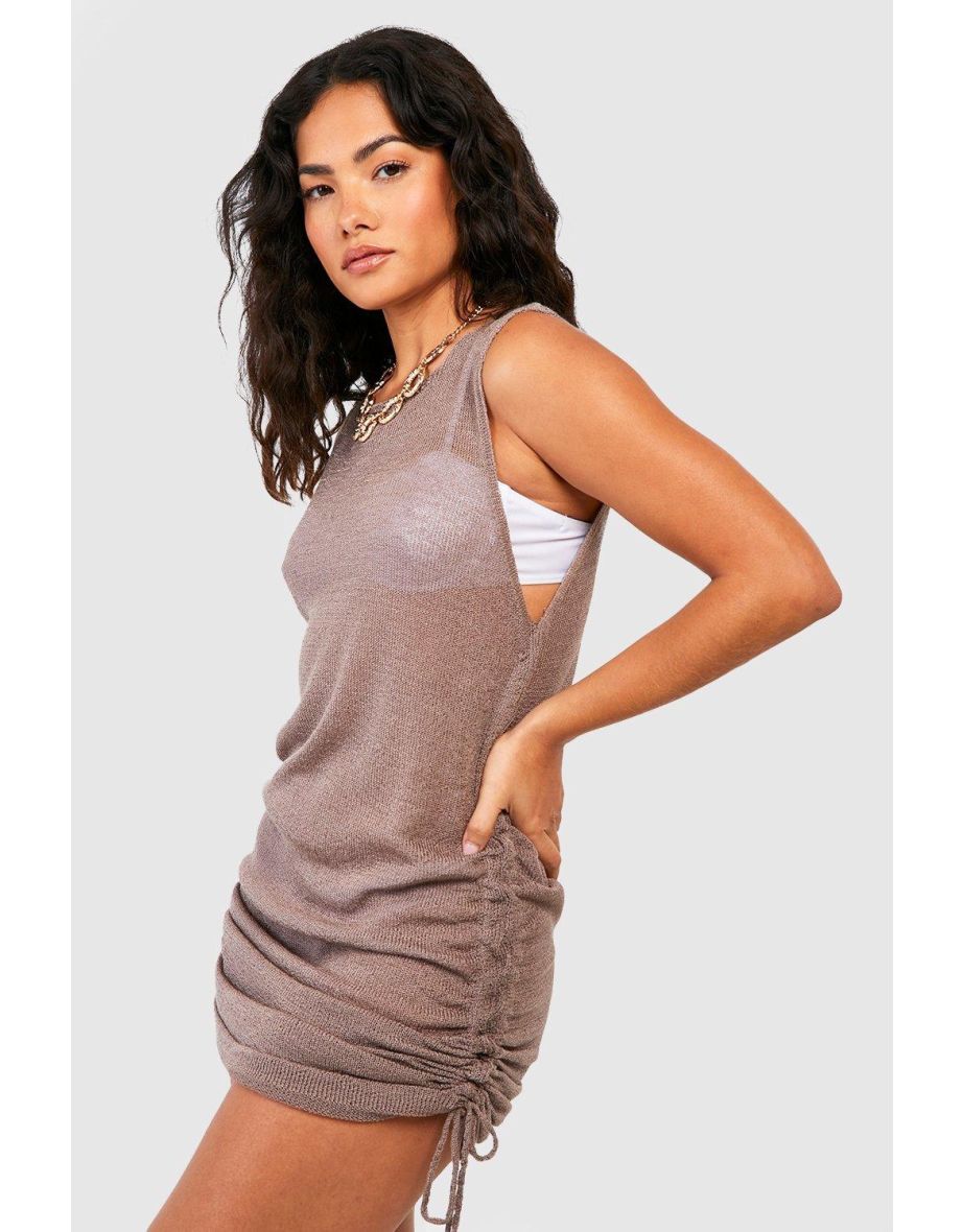 Crochet Knit Ruched Beach Mini Dress - chocolate