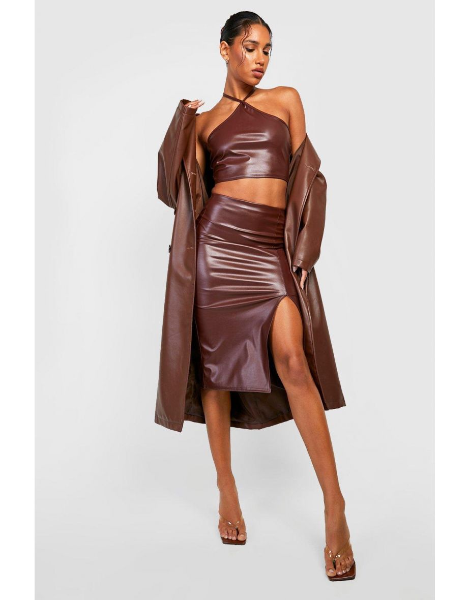 Leather Look Halter & Split Midi Skirt - chocolate