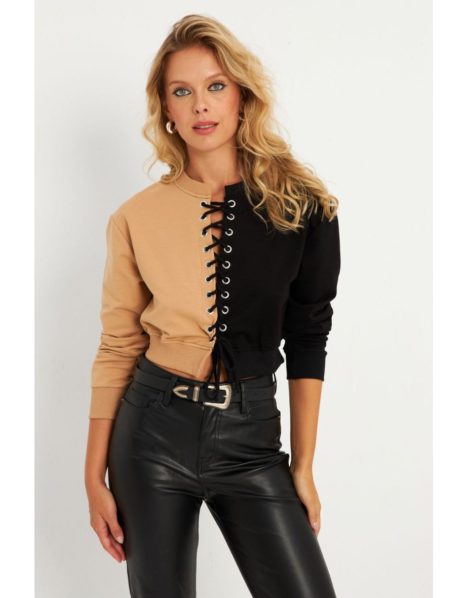 Women's Camel-Black Eyelet Short Sweatshirt