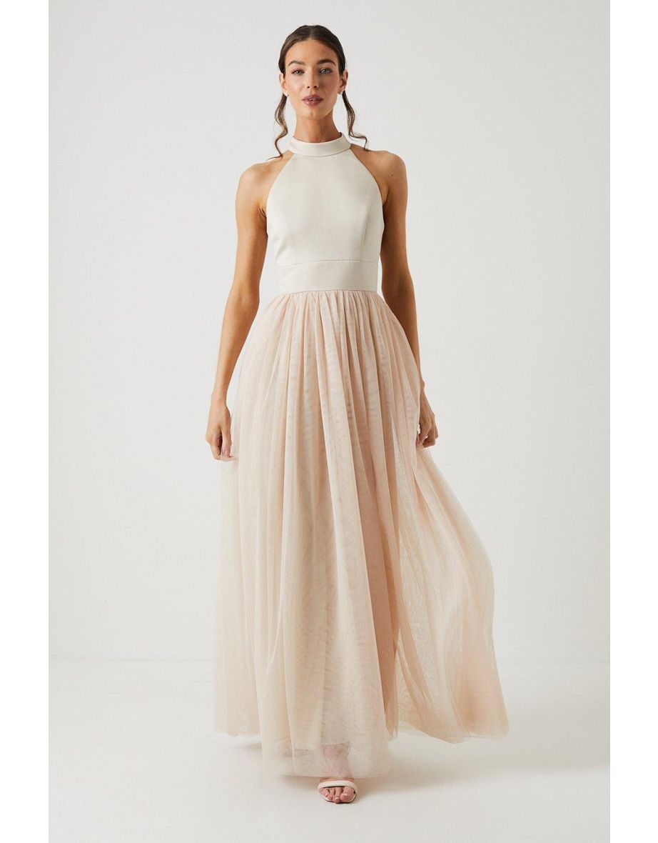 Satin Bodice Tulle Skirt Maxi Bridesmaids Dress