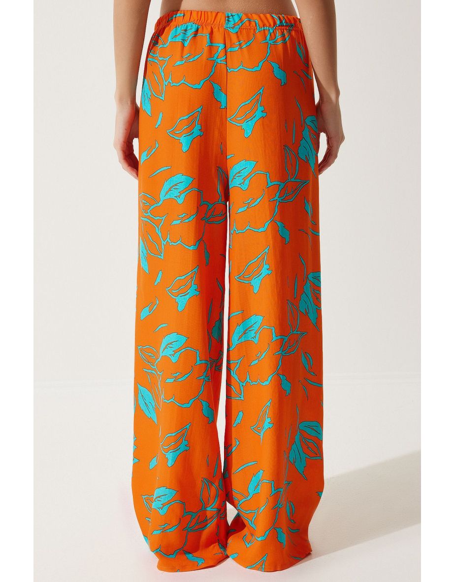 Women's Sky Blue Orange Patterned Kimono Palazzo Trousers Set - 6