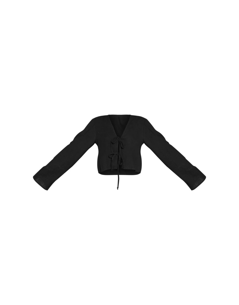 Black Cheesecloth Tie Front Long Sleeve Top - 4