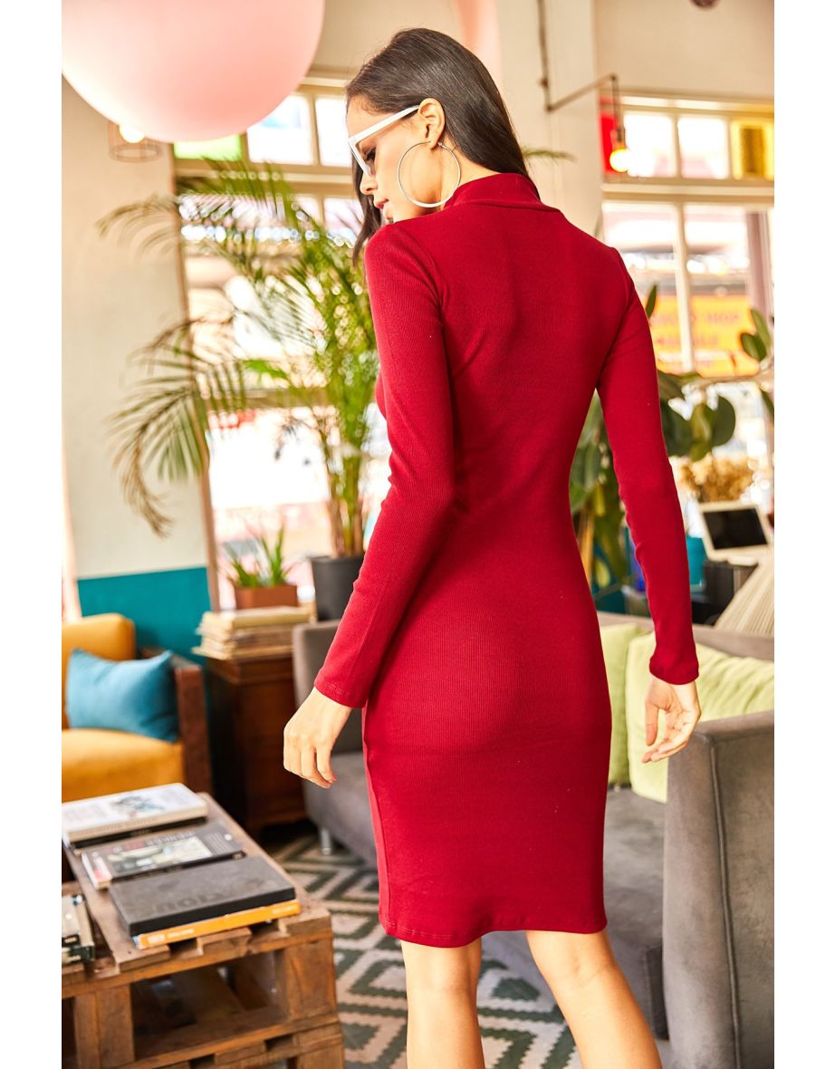 Women's Claret Red Standing Zippered Camisole Dress - 5