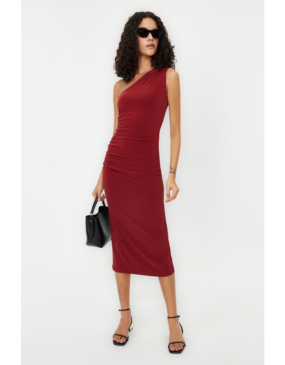 Tile One-Shoulder Draped Fitted Midaxi Stretch Knit Dress