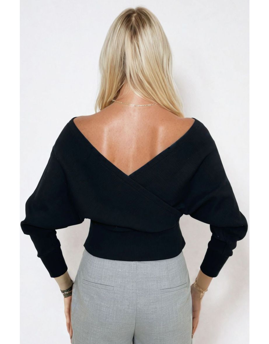 Women's Black Front Back V-Neck Double Breasted Blouse - 3