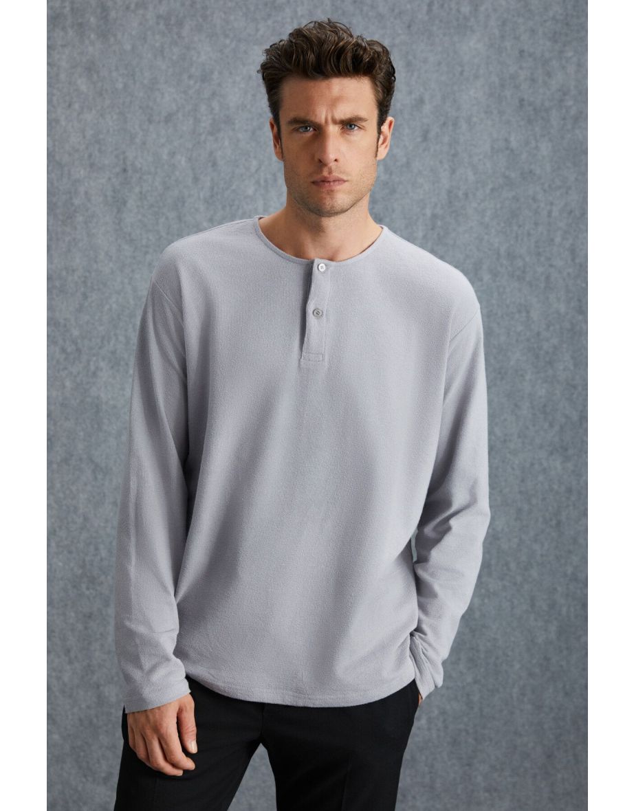 Lorenzo Men's Special Rustic Texture 100% Organic Cotton Button Detail Regular Light Grey Sweatshirt