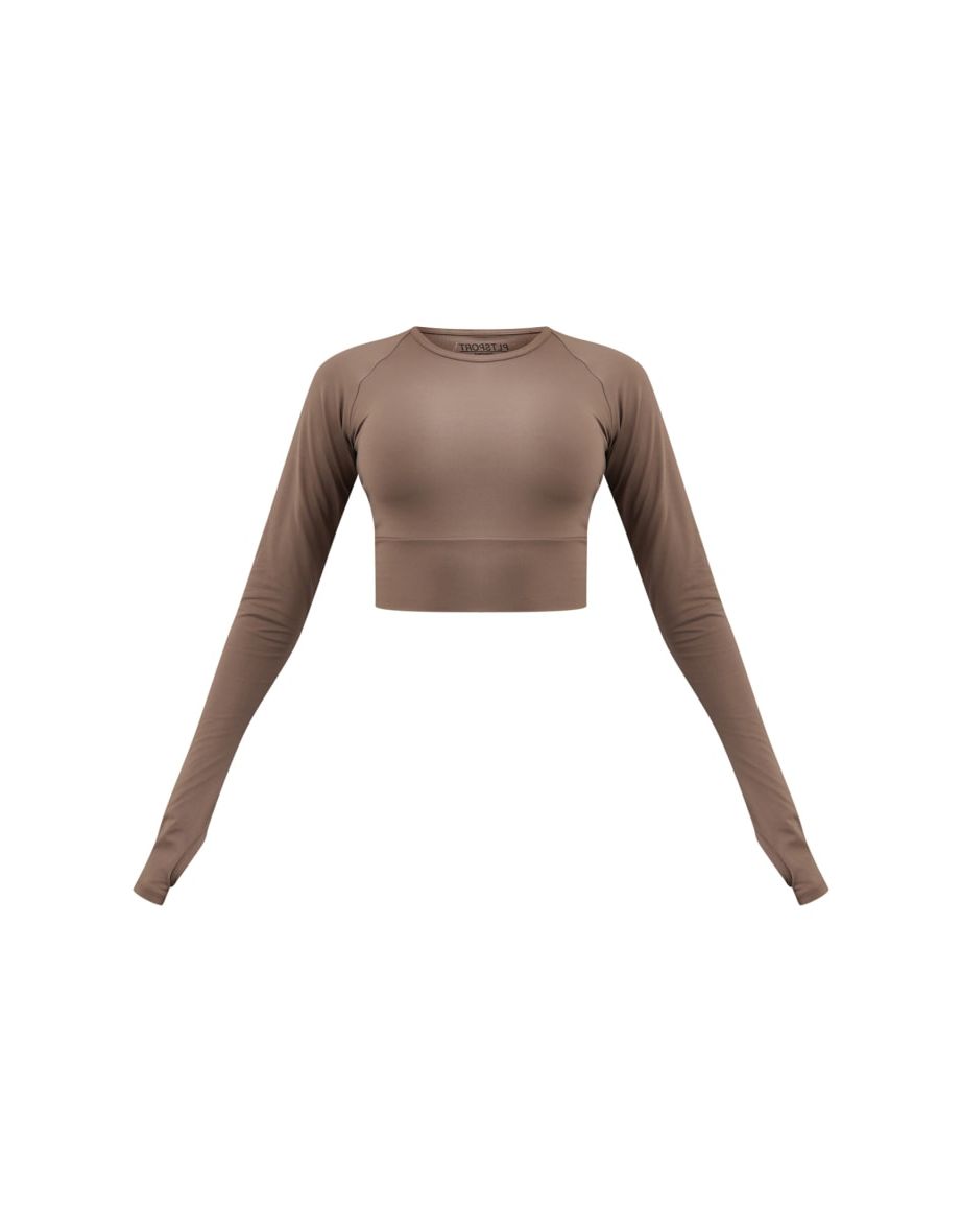 PRETTYLITTLETHING Brown Sport Sculpt Cut Out Back Long Sleeve Crop  Top - 4