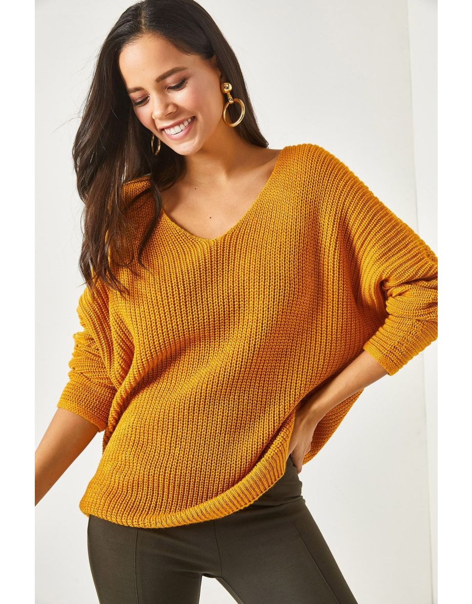 Women's Mustard V Neck Thessaloniki Knit Oversize Knitwear Tunic