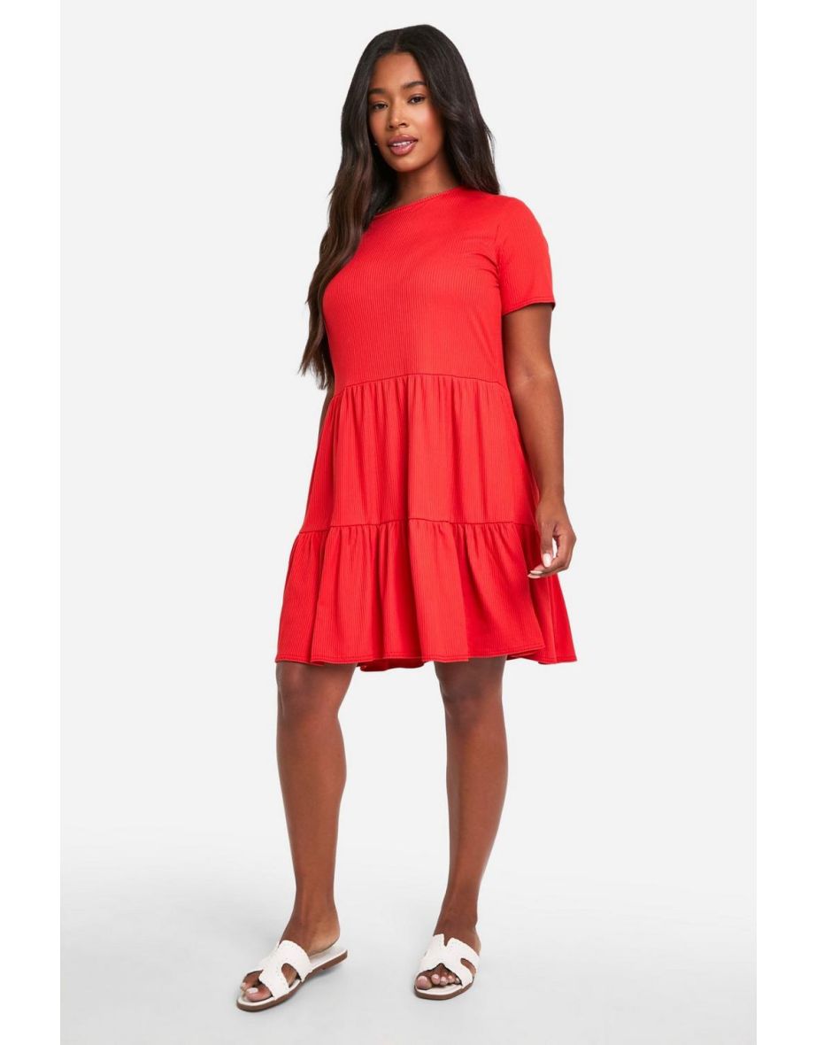 Shop Plus Rib Short Sleeve Tiered Skater Dress orange Online in Iraq VogaCloset