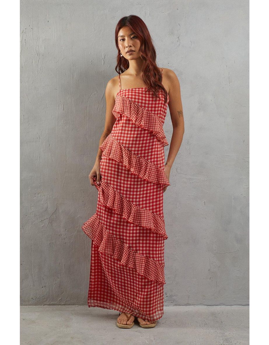 Shop Mixed Gingham Print Ruffle Strappy Slip Dress Online in Bahrain VogaCloset