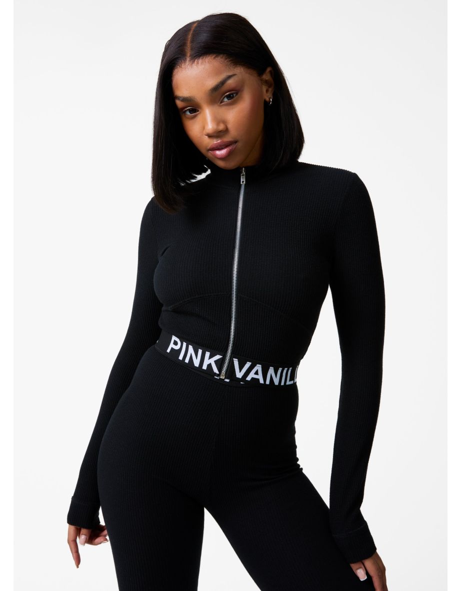 Ribbed Zip Up Top With Logo Band