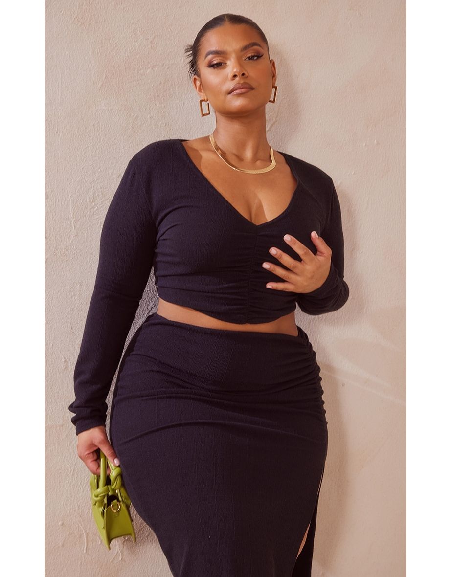 Shop Plus Black Ruched Front Longsleeve Top Online in Bahrain VogaCloset