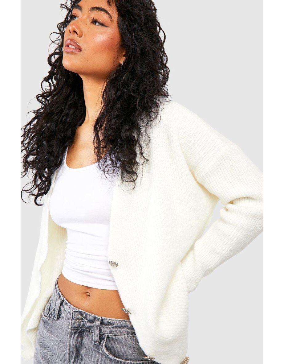 Rhinestone Button Soft Knit Slouchy Cardigan - ivory - 3