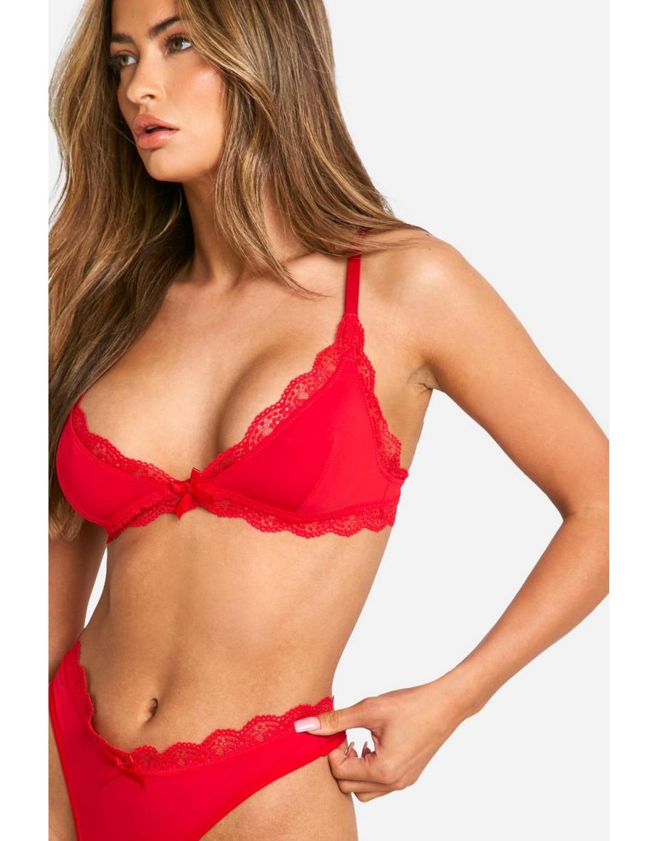 Red Lace Trim Bralette And Thong Set