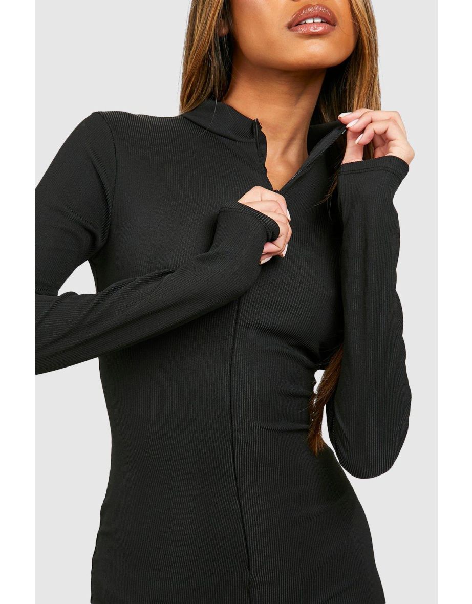 Basic Ribbed Zip Up Skinny Jumpsuit - black - 3
