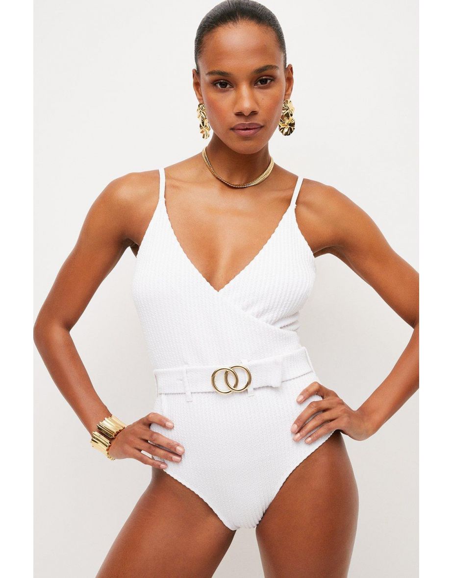 Ripple Textured Wrap Front Belted Swimsuit