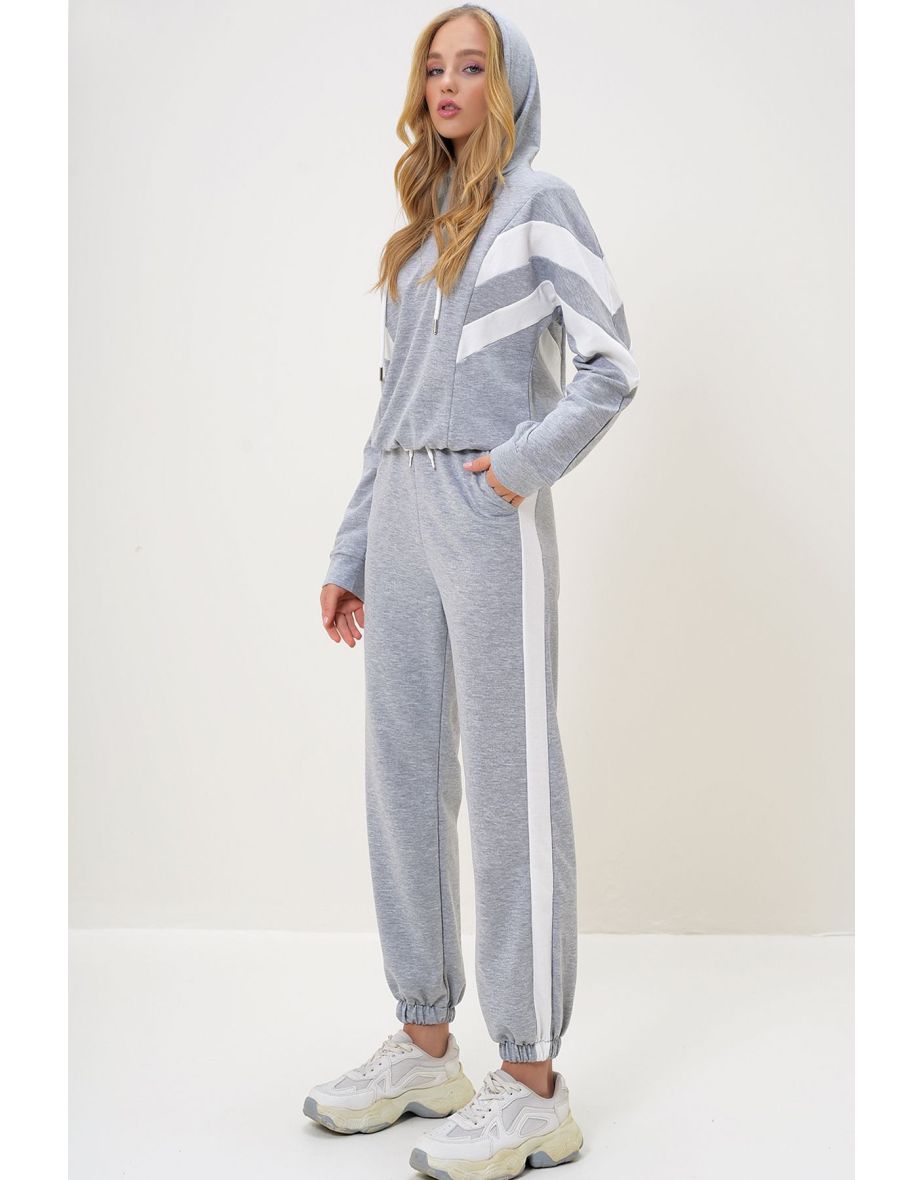 Women's Grey Melamine Hooded Sweatshirt and Elastic Leg Tracksuit Set