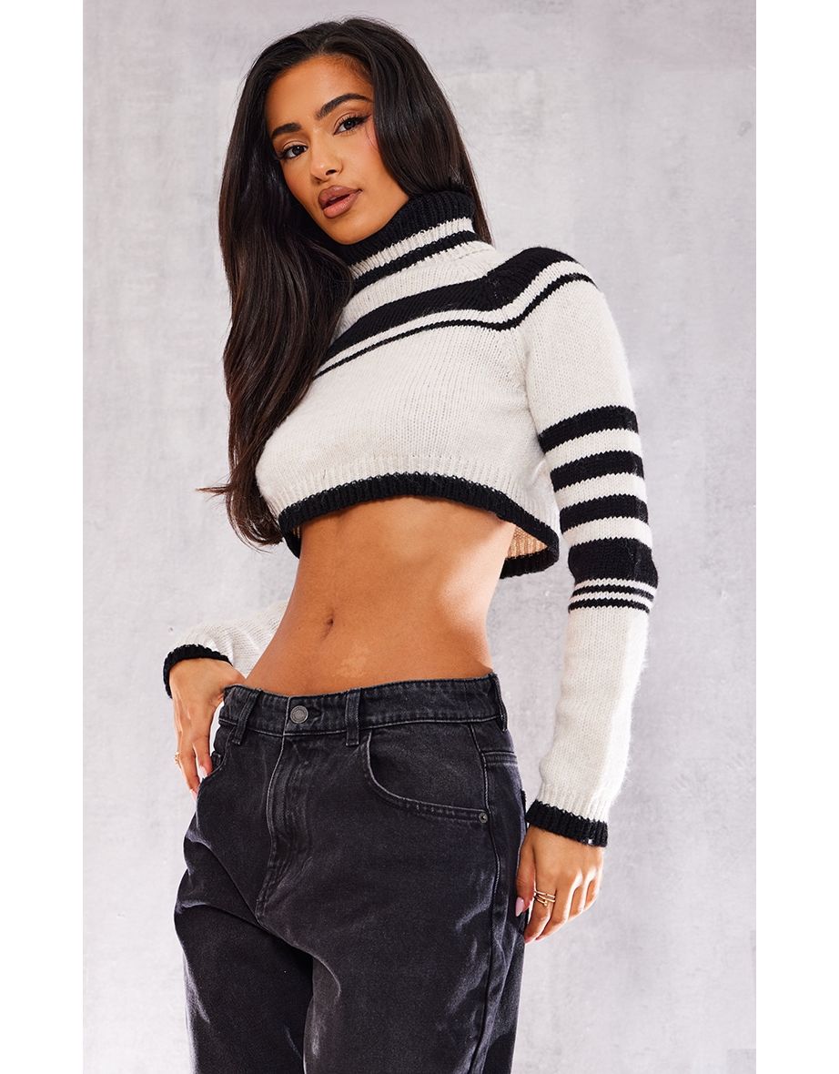 Shop Petite Black Stripe High Neck Fluffy Knitted Crop Jumper Online in Jordan VogaCloset
