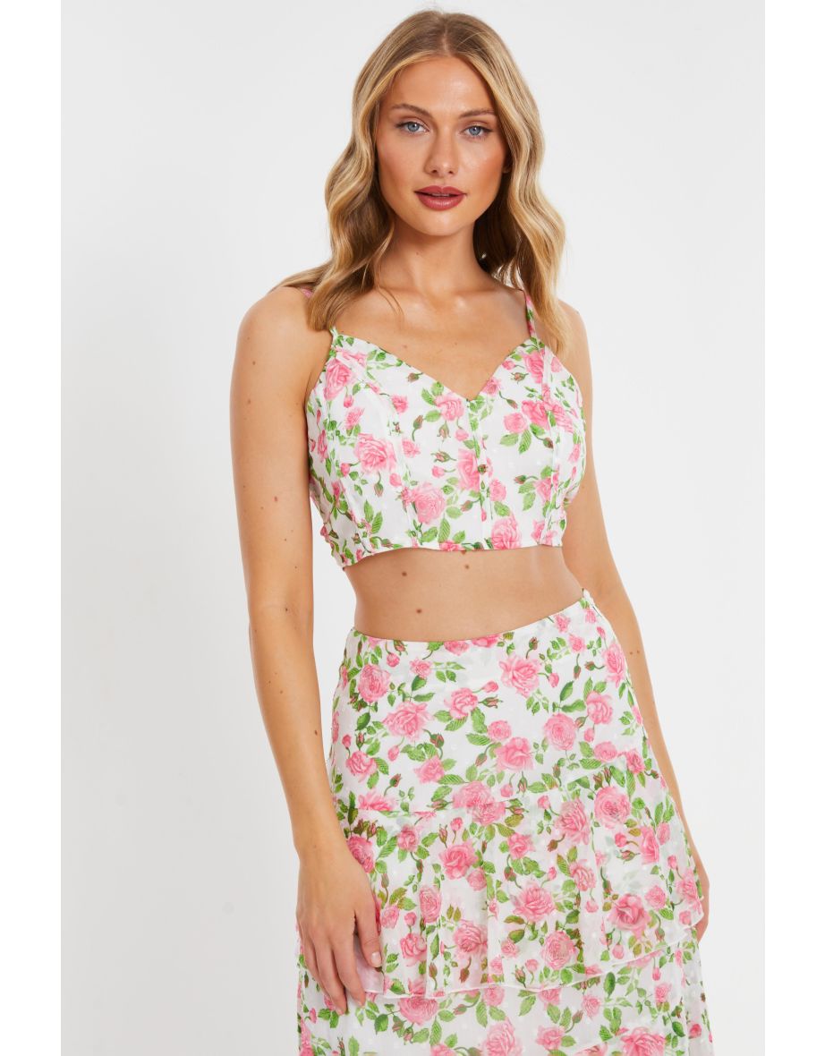 White Floral Chiffon Crop Top