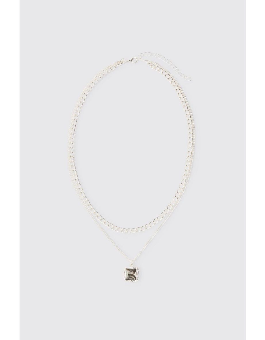 Multi Layer Chain Necklace With Blue Gem Stone Pendant - silver