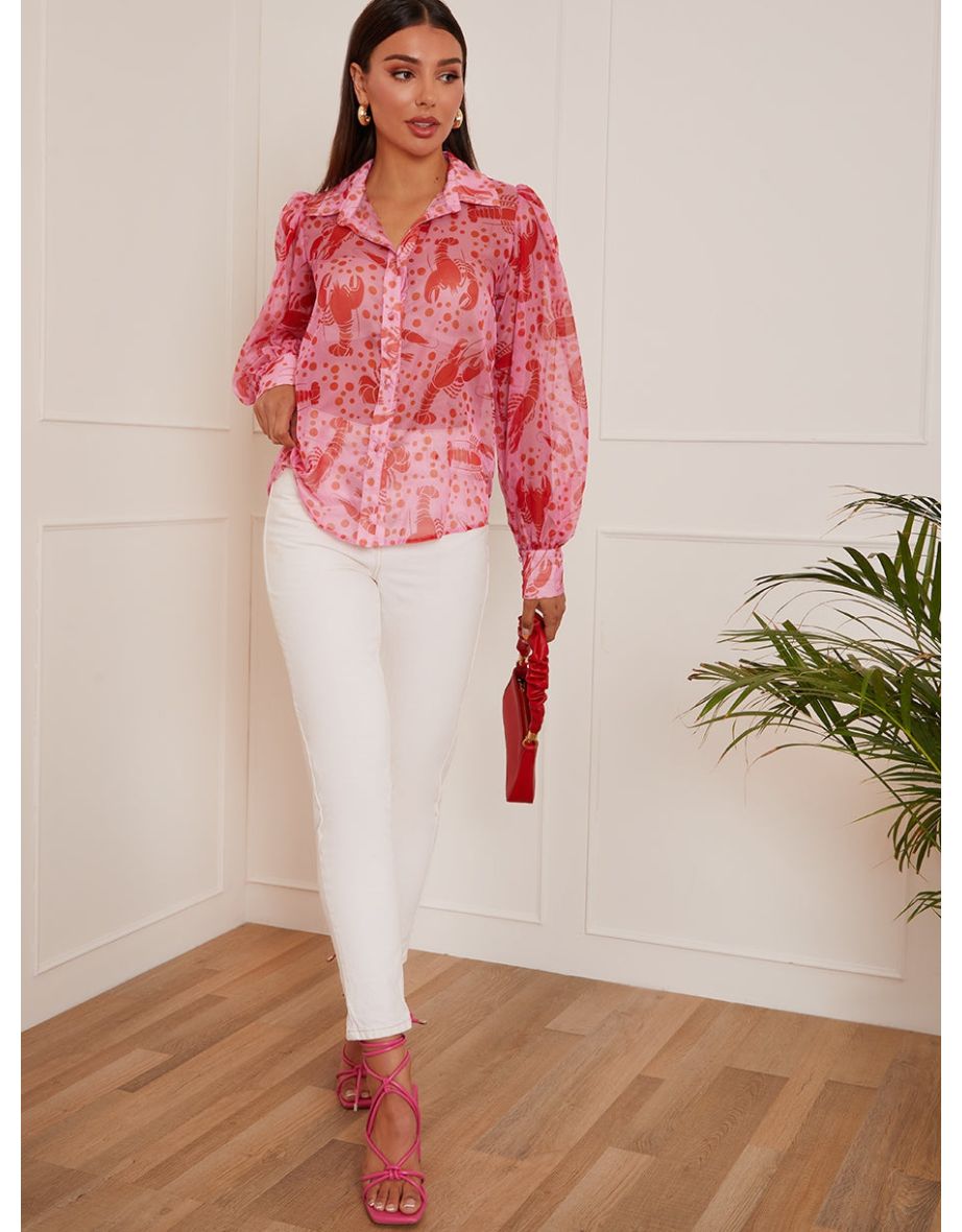 Long Sleeve Lobster Print Shirt in Pink